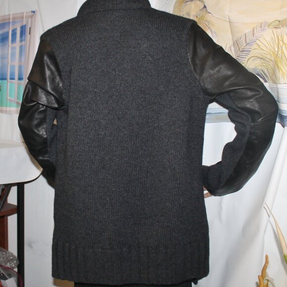 $345 Vince Wool Knit Lambskin Leather Sleeves Open Cardigan Sweater Jacket - Picture 6 of 10
